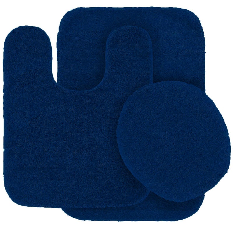 Fancy Linen 3pc Solid Non-Slip Bath Mat Set Bathroom U-Shaped Contour Rug, Mat and Toilet Lid Cover New # 6 (Navy Blue)
